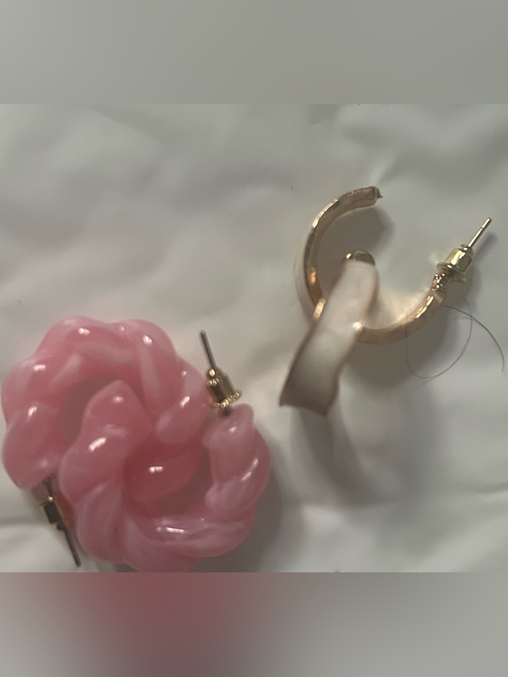 Pink Floral Resin Stud and Gold Hoop Earring Set